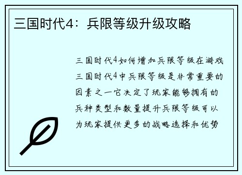三国时代4：兵限等级升级攻略