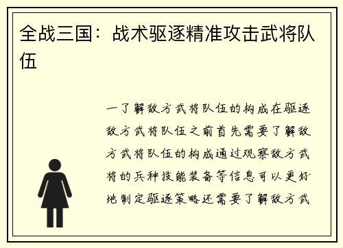 全战三国：战术驱逐精准攻击武将队伍